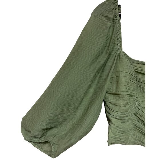 MINKPINK Women's Green Long Puff  Sleeve Crop Top Smocked Back Ruched Large - Picture 2 of 8